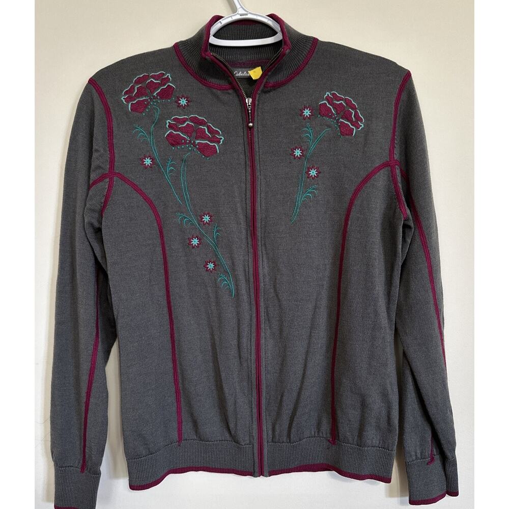 Cabela's womens wool blend full zip gray embroidered soft sweater sz M